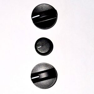 Three black circular buttons with white stripes arranged diagonally on a white background, seen in a vertical sequence.