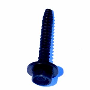 Close-up of a dark screw shaft with evenly spaced spiral threads, blue-tinted by lighting, extending downward.